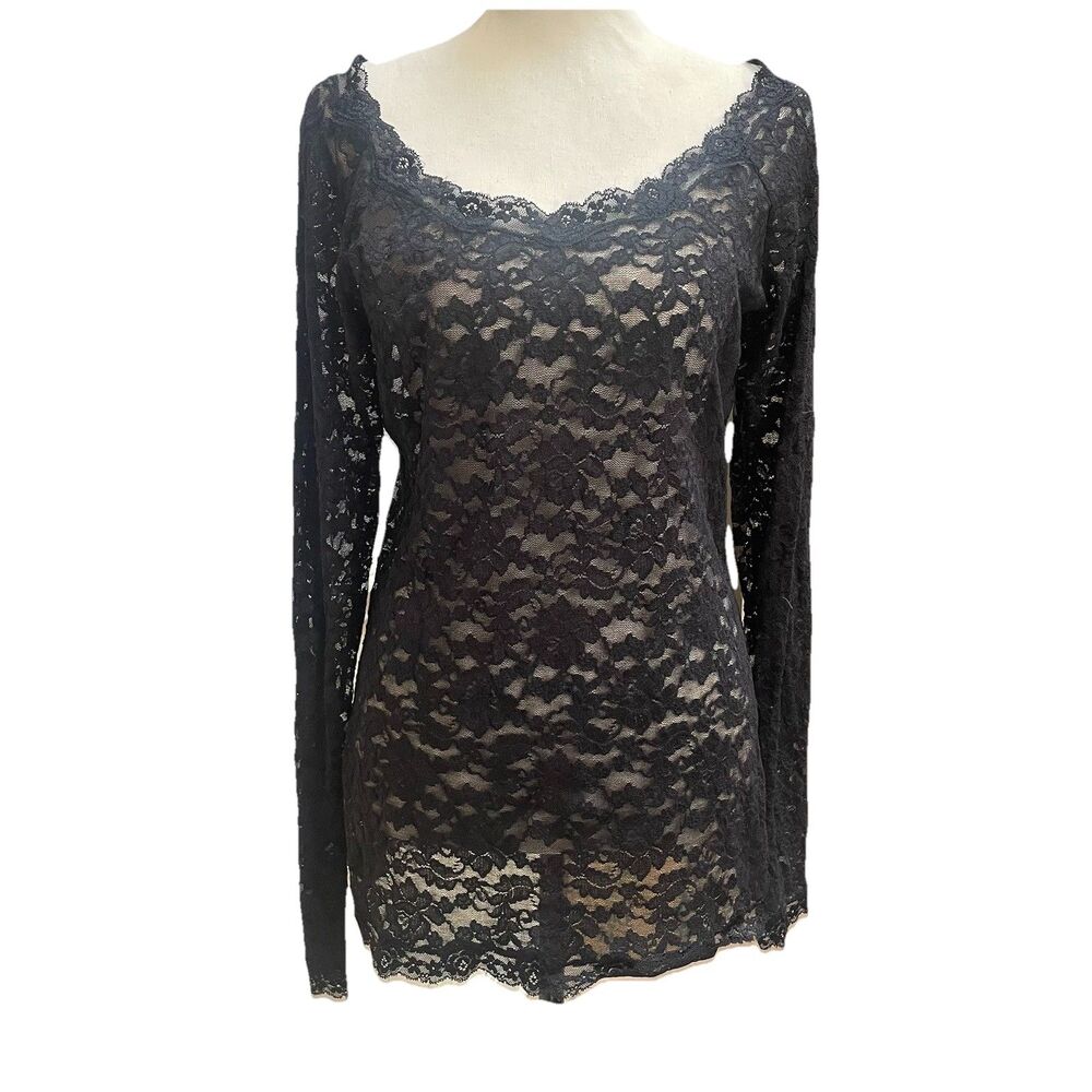 Vtg Moda International Black Floral Lace Top XL Long Sleeve Whimsigoth Goth Y2K